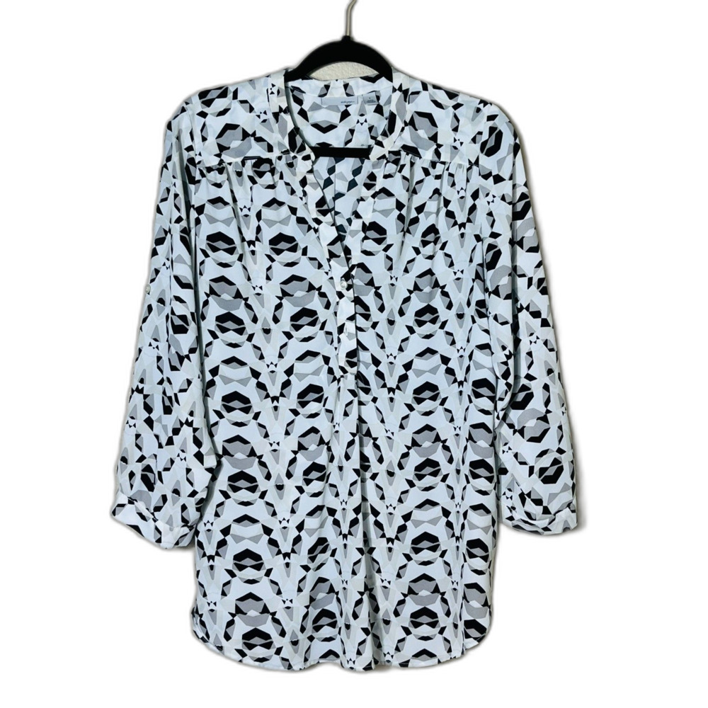 Halogen Black White Abstract Geometric Tunic Blouse Small Funky Work Chic Boho